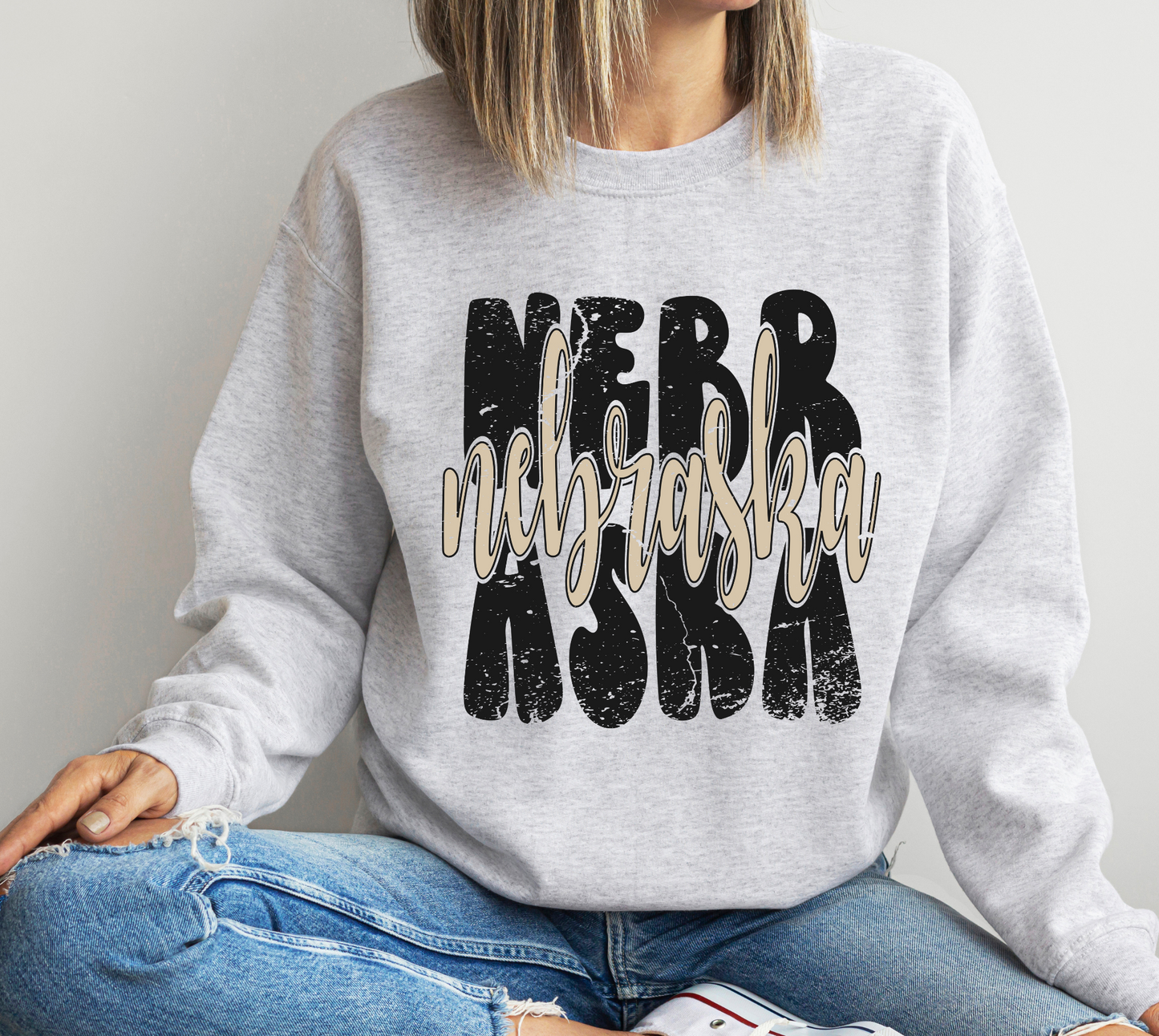 DTF Nebraska Distressed Stacked Cutout Black/Sandstone transfer