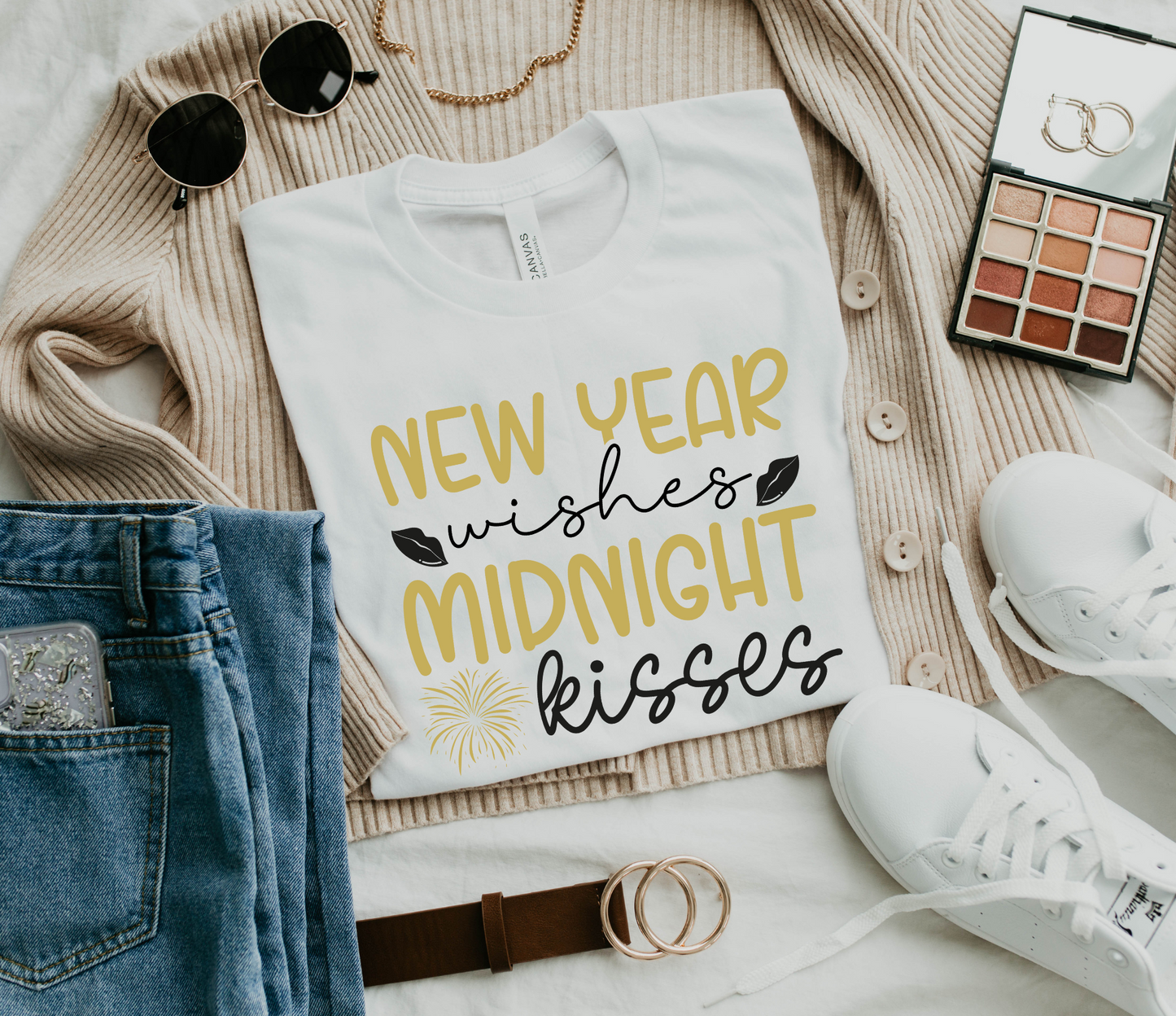 DTF NEW YEAR WISHES MIDNIGHT KISSES BLACK/GOLD TRANSFER