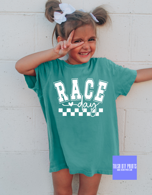 DTF RACE DAY WHITE CHECKERED HEART TRANSFER