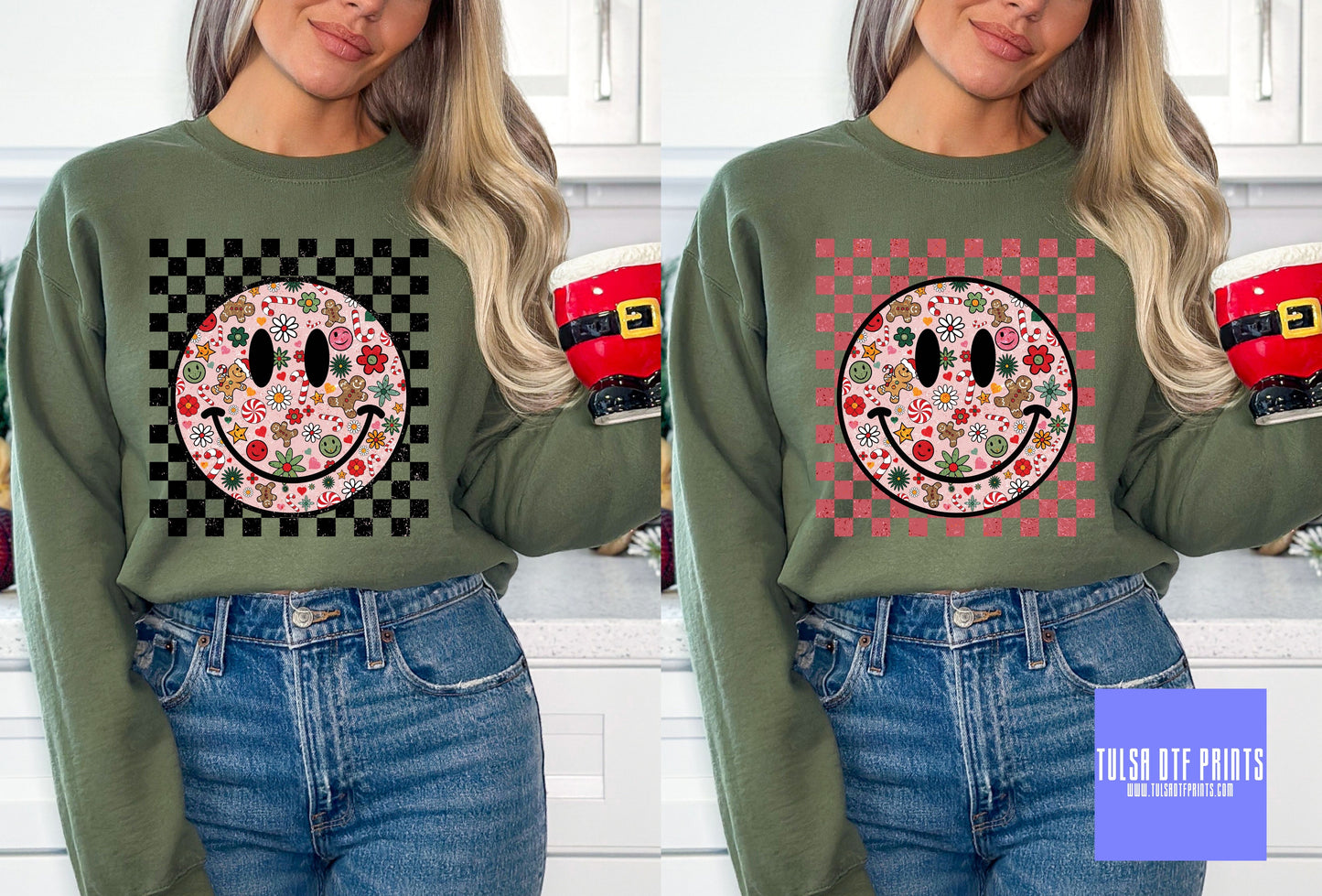 DTF CHECKERED CHRISTMAS HAPPY FACE (2 COLORS AVAIL.) TRANSFER