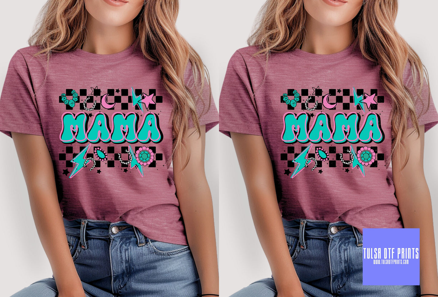 DTF MAMA CHECKERED TURQUOISE/PINK TRANSFER