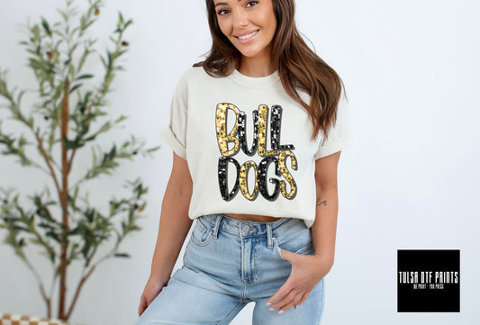 DTF BULLDOGS GOLD/BLACK FAUX SEQUIN SHADOW TEXT TRANSFER