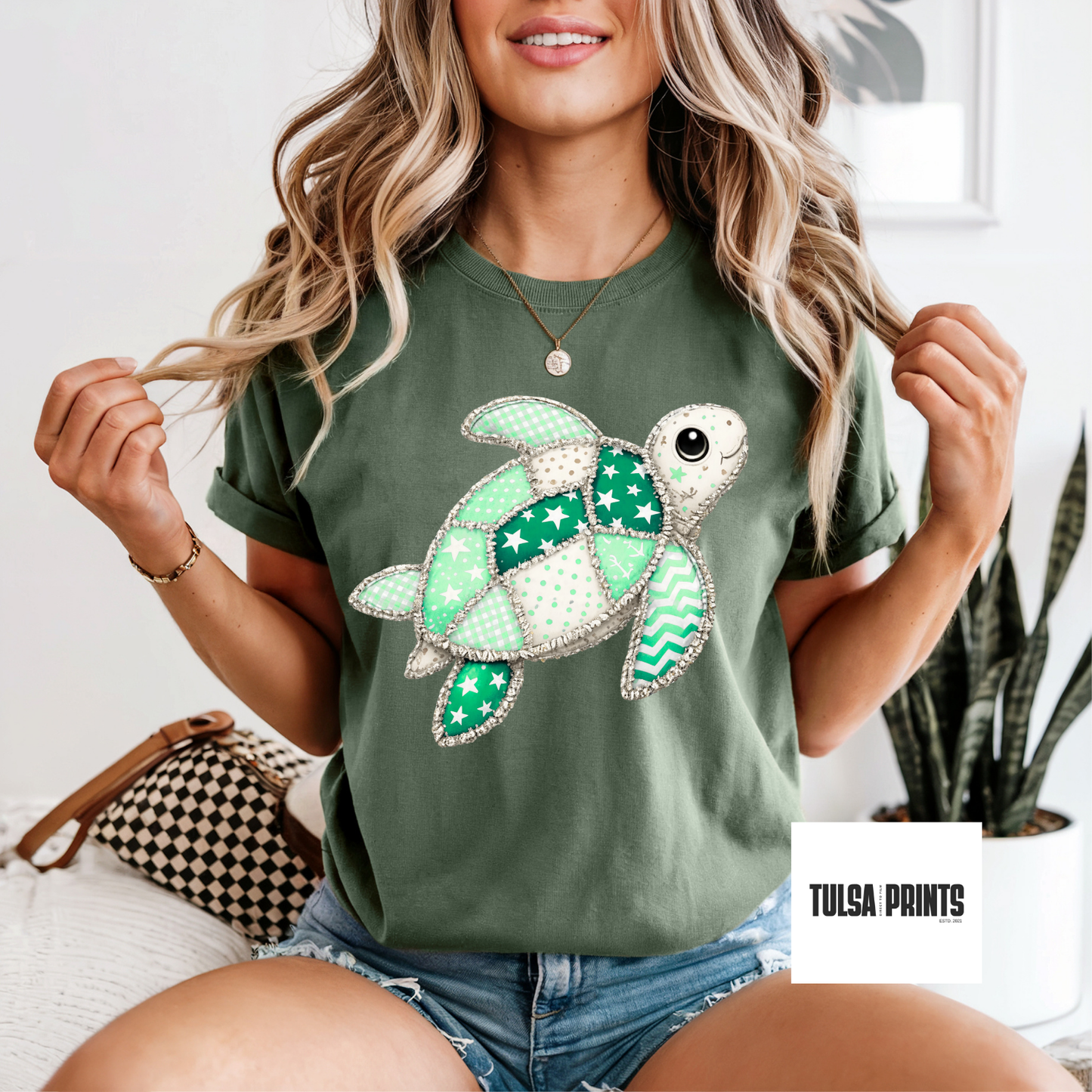 DTF PATCHWORK TEAL TURTLE TRANSFER