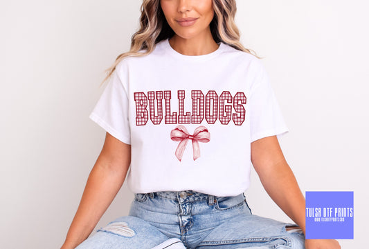 DTF BULLDOGS MAROON GINGHAM BOW GAME DAY MASCOT TRANSFER