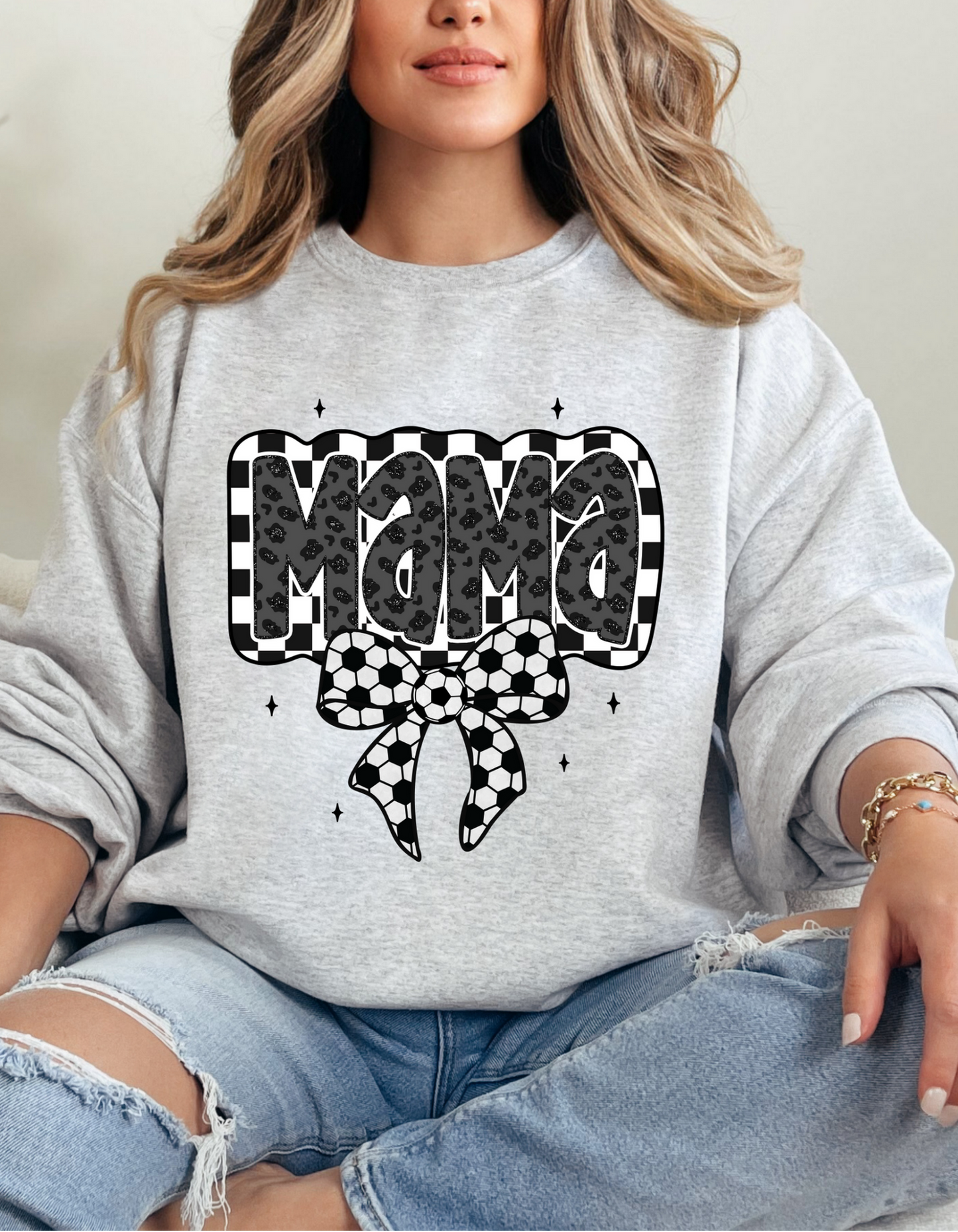 DTF MAMA LEO CHECKERED W SOCCER BOW TRANSFER