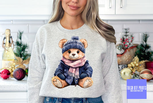 DTF WINTER TEDDY BEAR NAVY/PINK TRANSFER