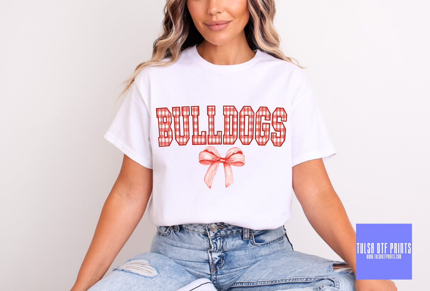 DTF BULLDOGS RED GINGHAM BOW GAME DAY MASCOT TRANSFER
