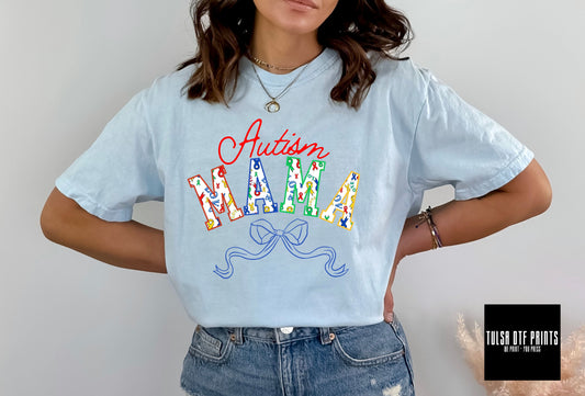 DTF AUTISM MAMA VARSITY TEXT W/ BOW AUTISM AWARENESS TRANSFER