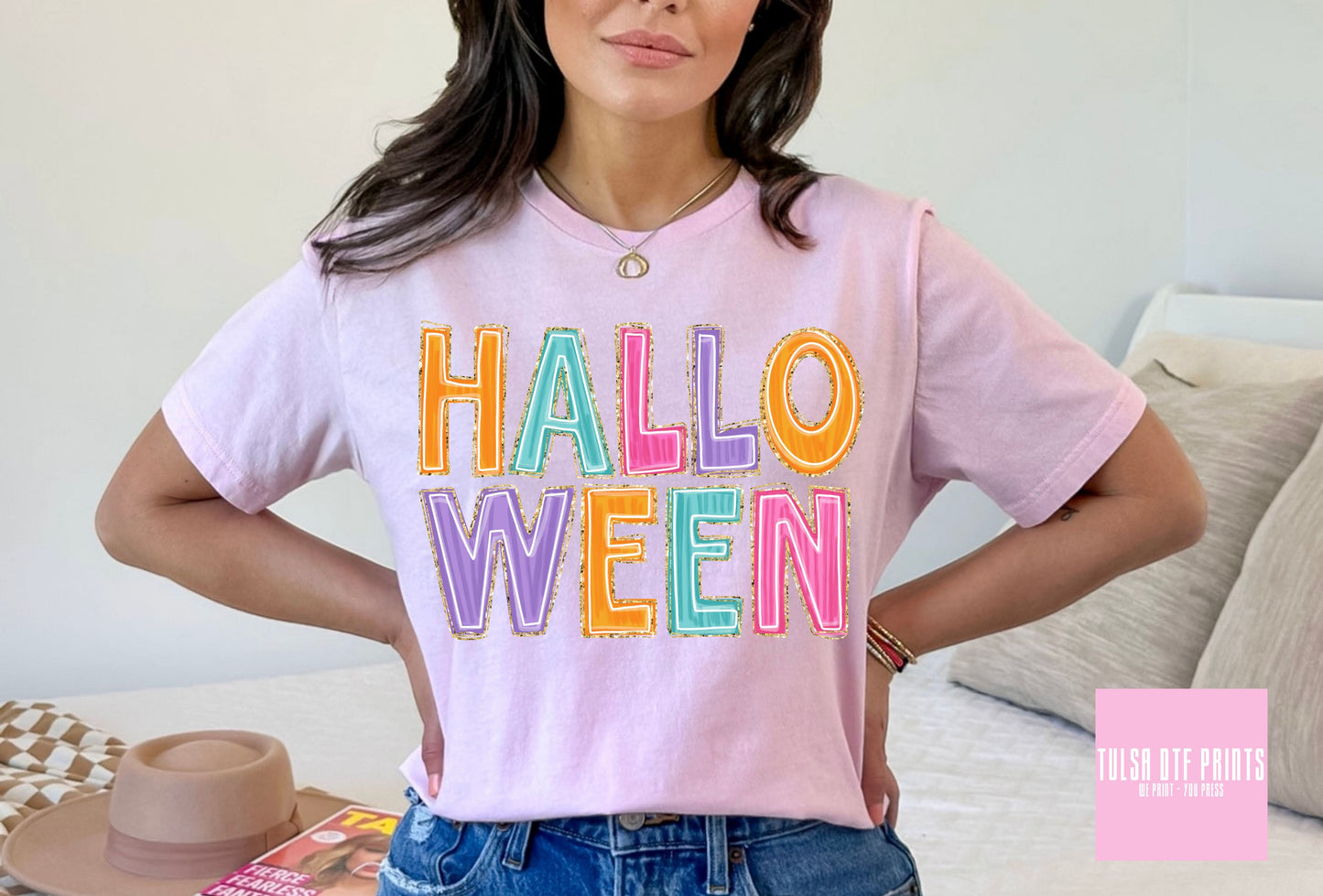 DTF PASTEL MULTICOLOR HALLOWEEN FAUX GLITTER TRANSFER