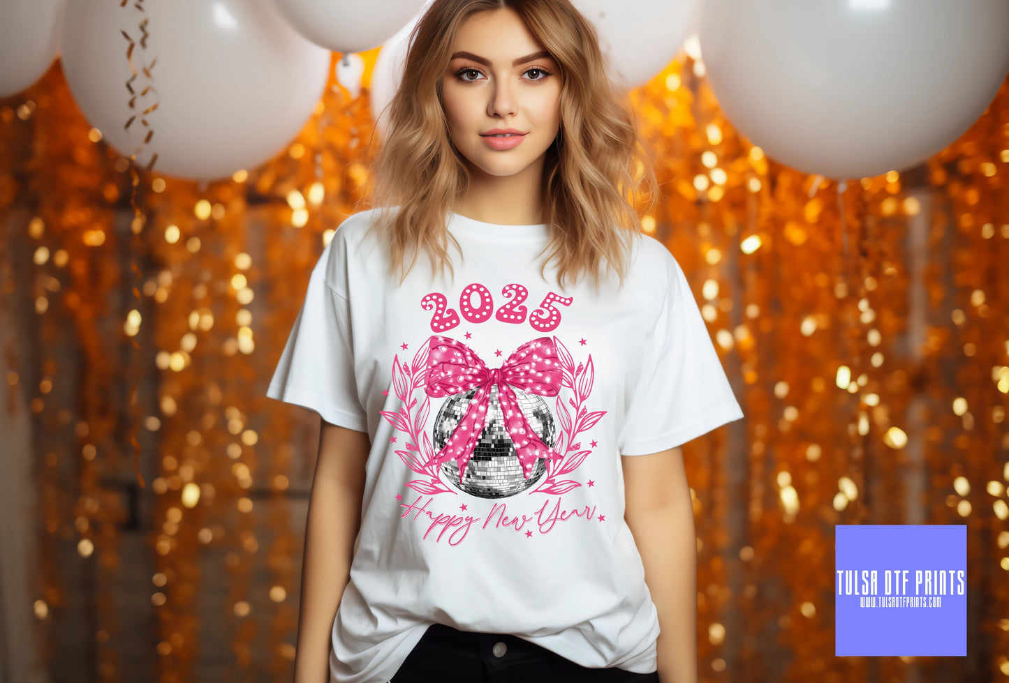DTF 2025 DISCO BALL W/ PINK BOW TRANSFER