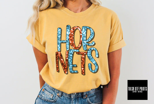DTF HORNETS COLUMBIA BLUE/ORANGE FAUX SEQUIN SHADOW TEXT TRANSFER