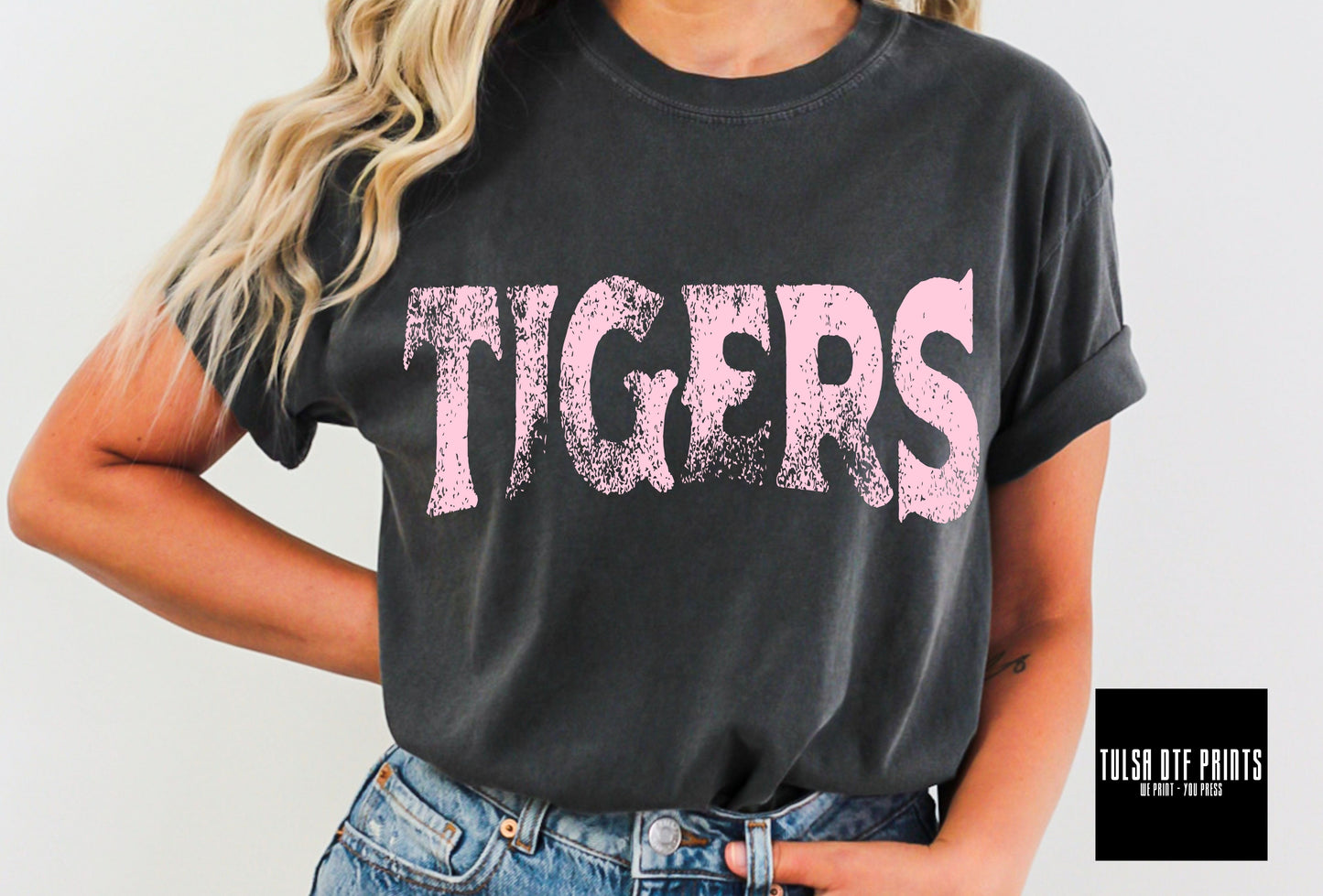 DTF TIGERS PINK GRUNGE MASCOT TRANSFER