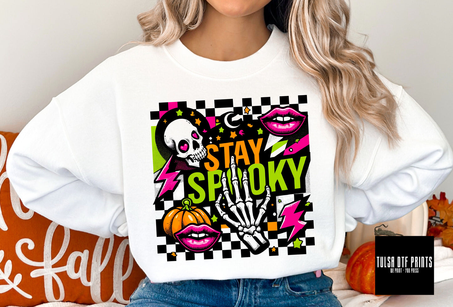 DTF STAY SPOOKY CHECKERED NEON TRANSFER