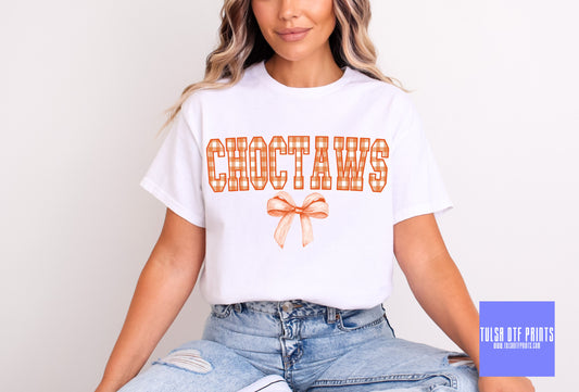 DTF CHOCTAWS ORANGE GINGHAM BOW GAME DAY MASCOT TRANSFER