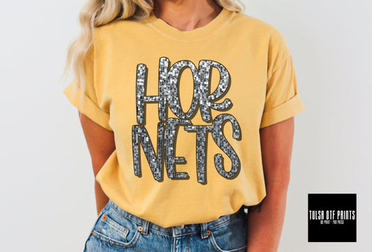 DTF HORNETS SILVER FAUX SEQUIN SHADOW TEXT TRANSFER