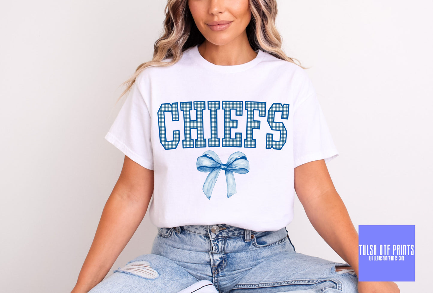 DTF CHIEFS BLUE GINGHAM BOW GAME DAY MASCOT TRANSFER