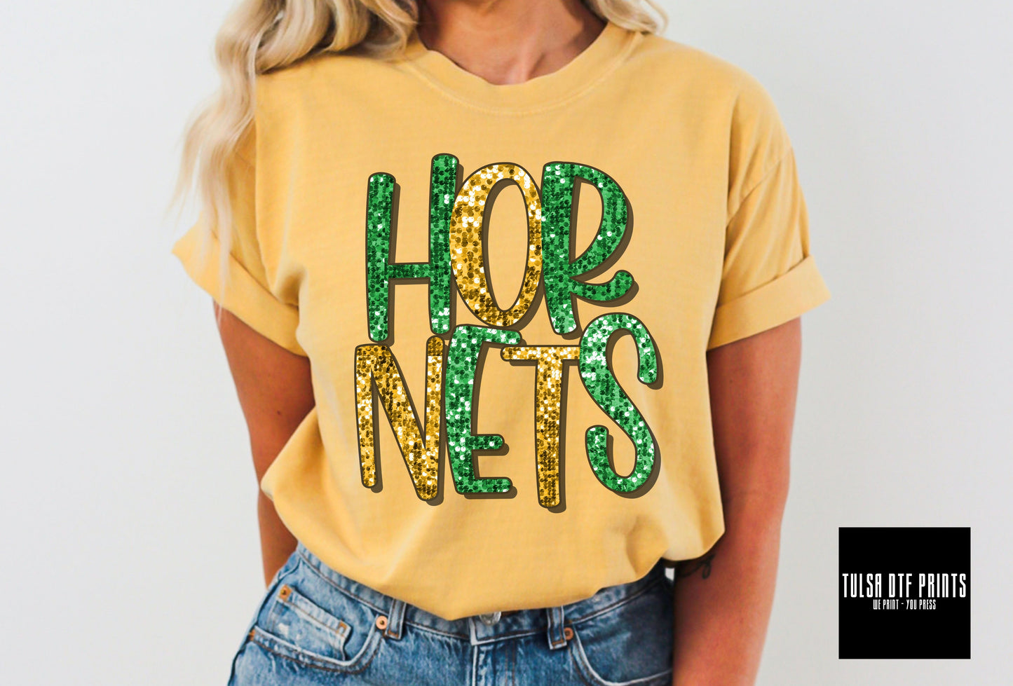 DTF HORNETS GREEN/YELLOW FAUX SEQUIN SHADOW TEXT TRANSFER