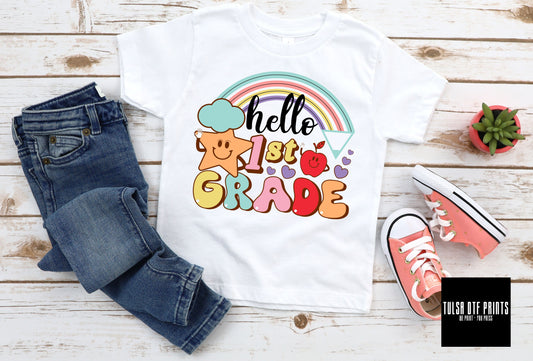 DTF BACK TO SCHOOL HELLO RAINBOW RETRO GROOVY (1ST GRADE TO 5TH GRADE AVAIL.) TRANSFER