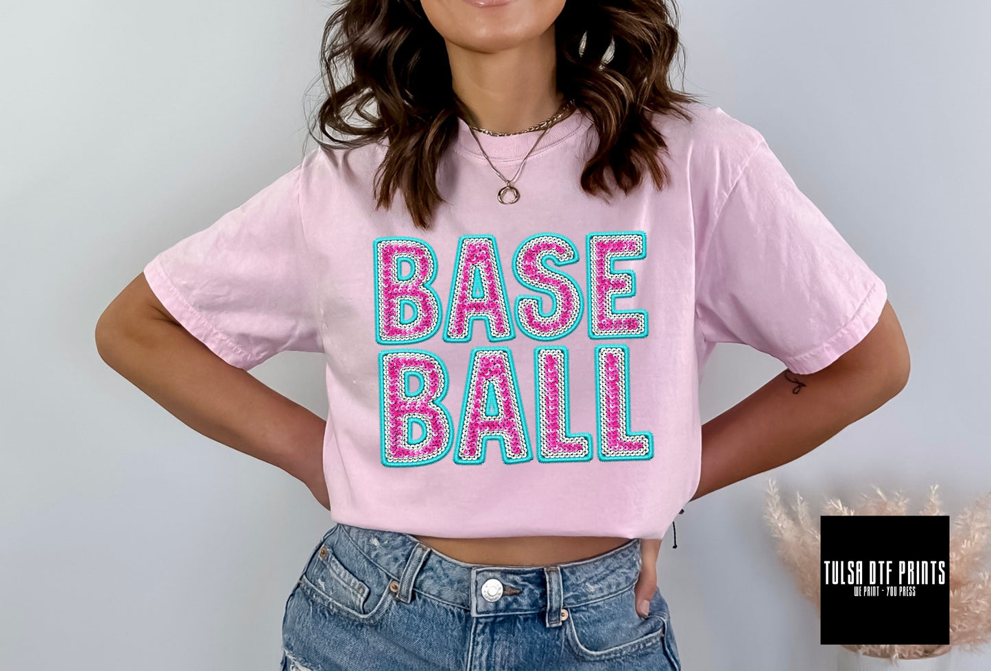 DTF BASEBALL TEAL & PINK FAUX SEQUIN EMBROIDERY TRANSFER