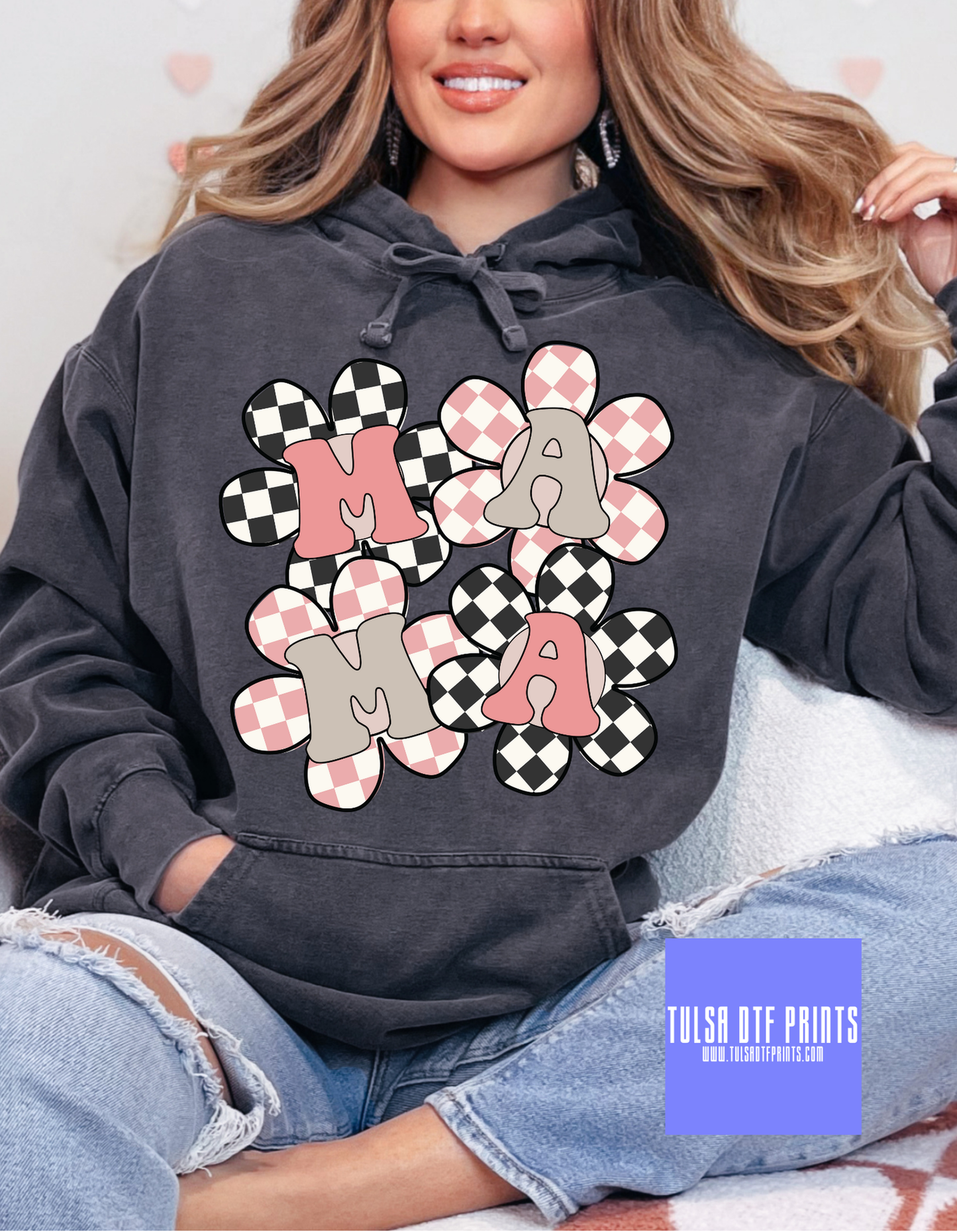DTF MAMA PINK BROWN CHECKERED DAISES TRANSFER