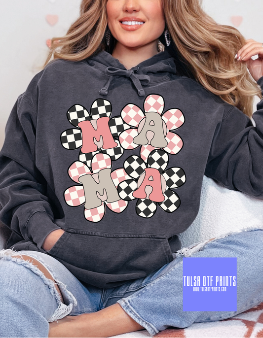 DTF MAMA PINK BROWN CHECKERED DAISES TRANSFER