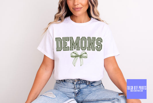 DTF DEMONS DARK GREEN GINGHAM BOW GAME DAY MASCOT TRANSFER