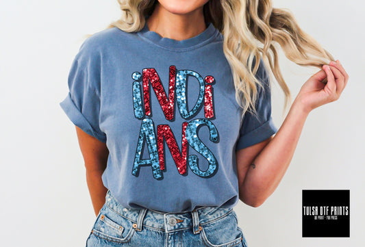 DTF INDIANS ROYAL/RED FAUX SEQUIN SHADOW TEXT TRANSFER