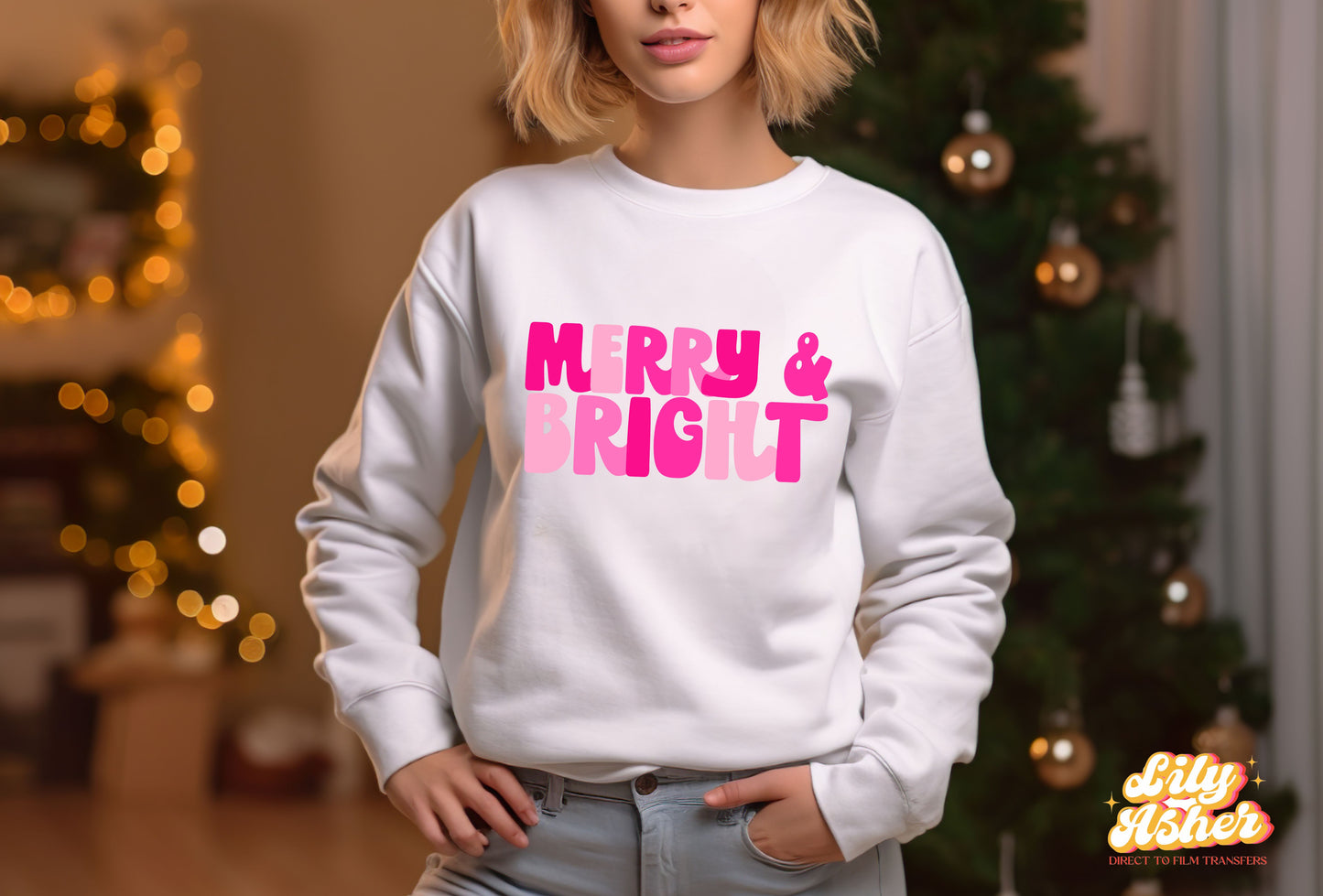 DTF MERRY & BRIGHT PINK TEXT TRANSFER
