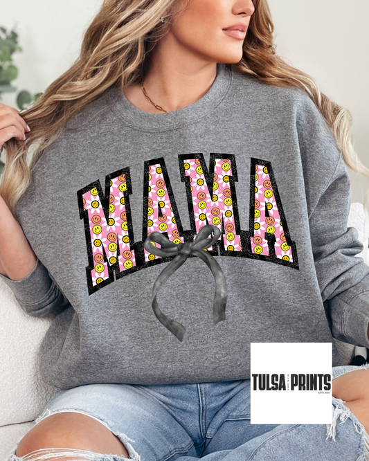 DTF MAMA VARSITY HAPPY FACE TRANSFER