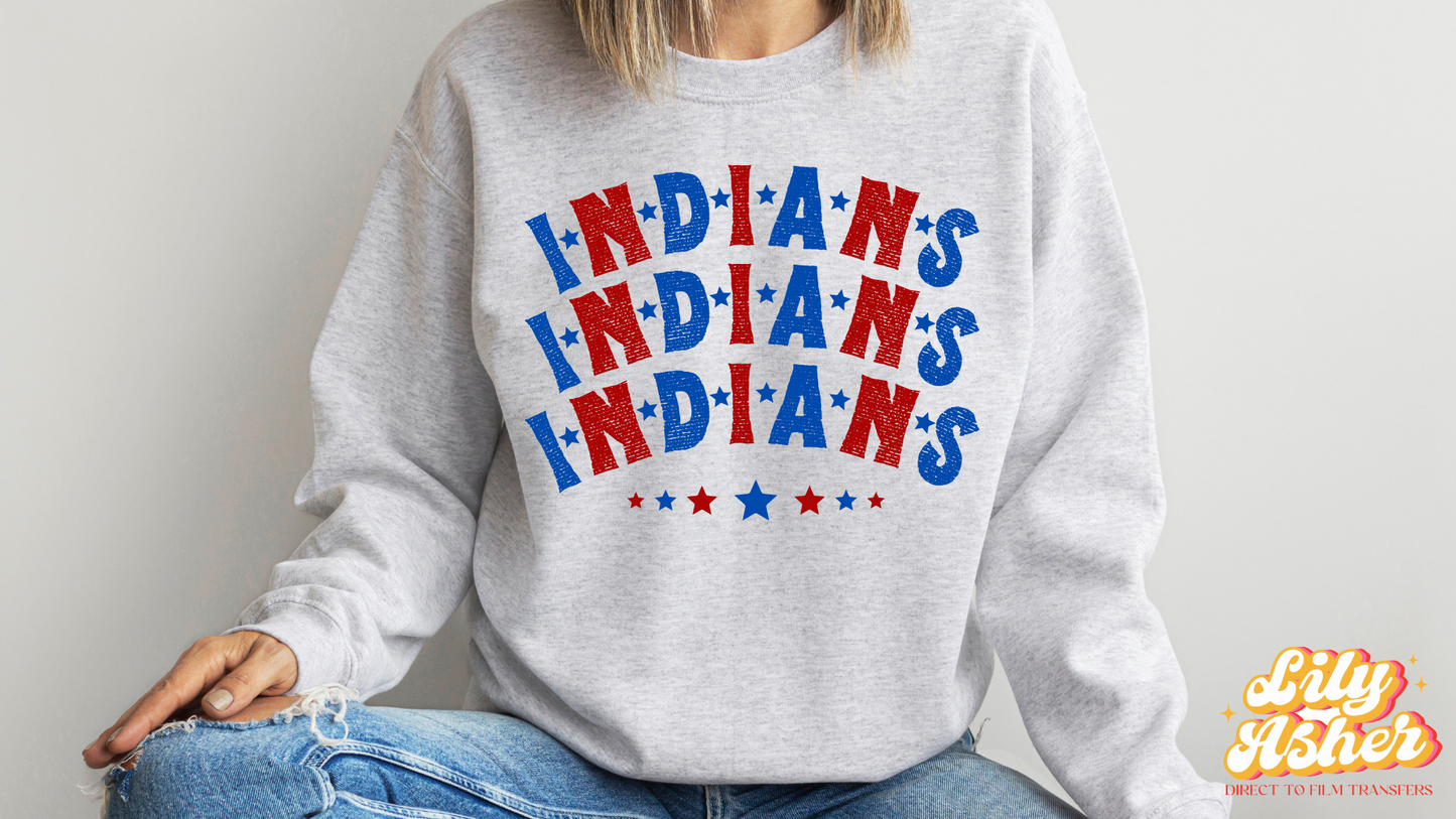 DTF INDIANS BLUE-RED STACKED TEXT W/ STARS TRANSFER