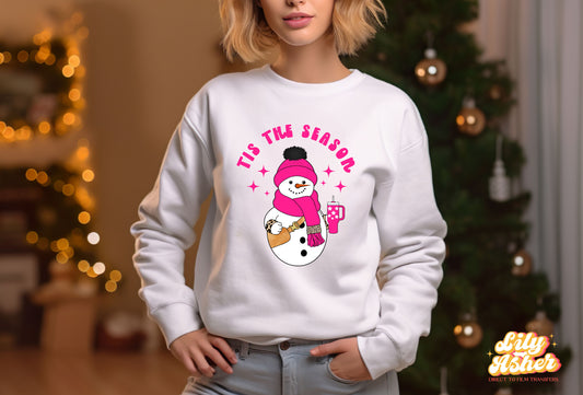 DTF 'TIS THE SEASON SNOWMAN PINK TRANSFER