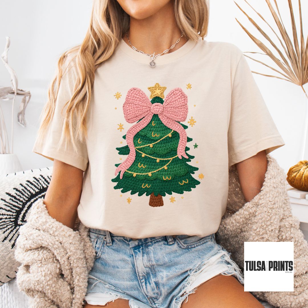 DTF CHRISTMAS TREE PINK BOW FAUX CROCHET TRANSFER