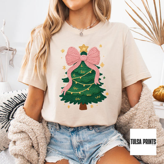 DTF CHRISTMAS TREE PINK BOW FAUX CROCHET TRANSFER