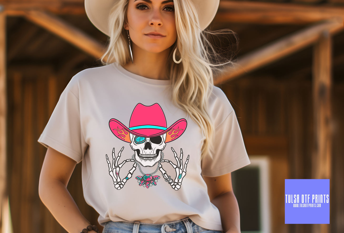 DTF WESTERN SKELETON PINK HAT TRANSFER