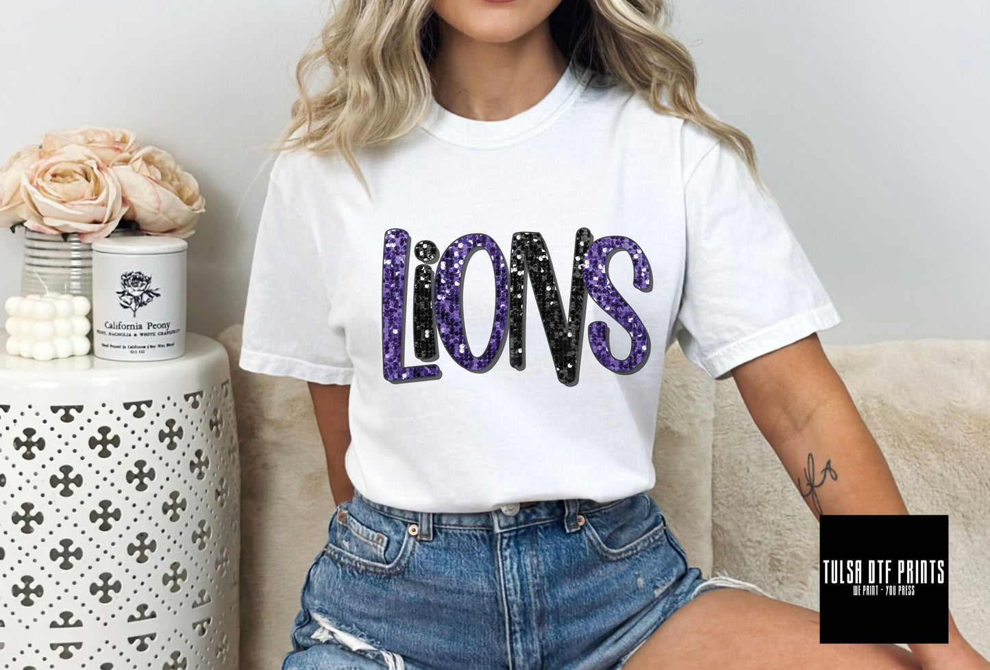 DTF LIONS PURPLE/BLACK FAUX SEQUIN SHADOW TEXT TRANSFER