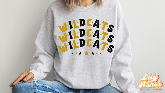 DTF WILDCATS GOLD-BLACK STACKED TEXT W/ STARS TRANSFER