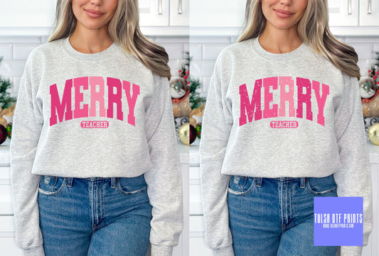 DTF MERRY TEACHER PINK VARSITY LETTERS TRANSFER