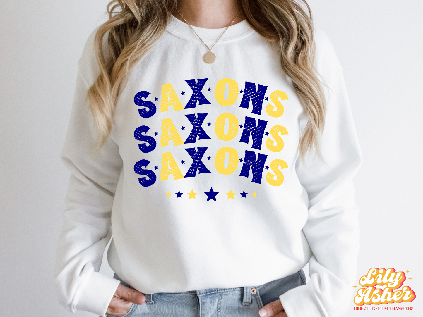 DTF SAXONS NAVY BLUE-YELLOW STACKED TEXT W/ STARS TRANSFER