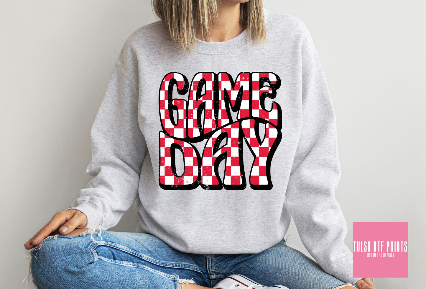 DTF GAME DAY CHECKERED GROOVY TEXT (4 COLORS AVAIL.) TRANSFER
