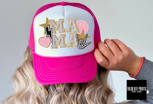 DTF MAMA WHITE CHENILLE W/ LB & STARS FAUX HAT PATCH TRANSFER