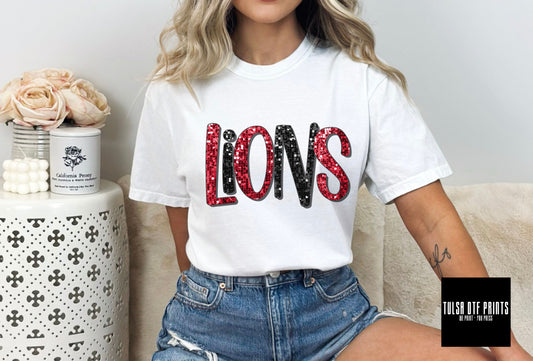 DTF LIONS RED/BLACK FAUX SEQUIN SHADOW TEXT TRANSFER