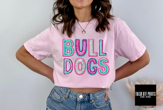 DTF BULLDOGS TEAL & PINK FAUX SEQUIN EMBROIDERY TRANSFER