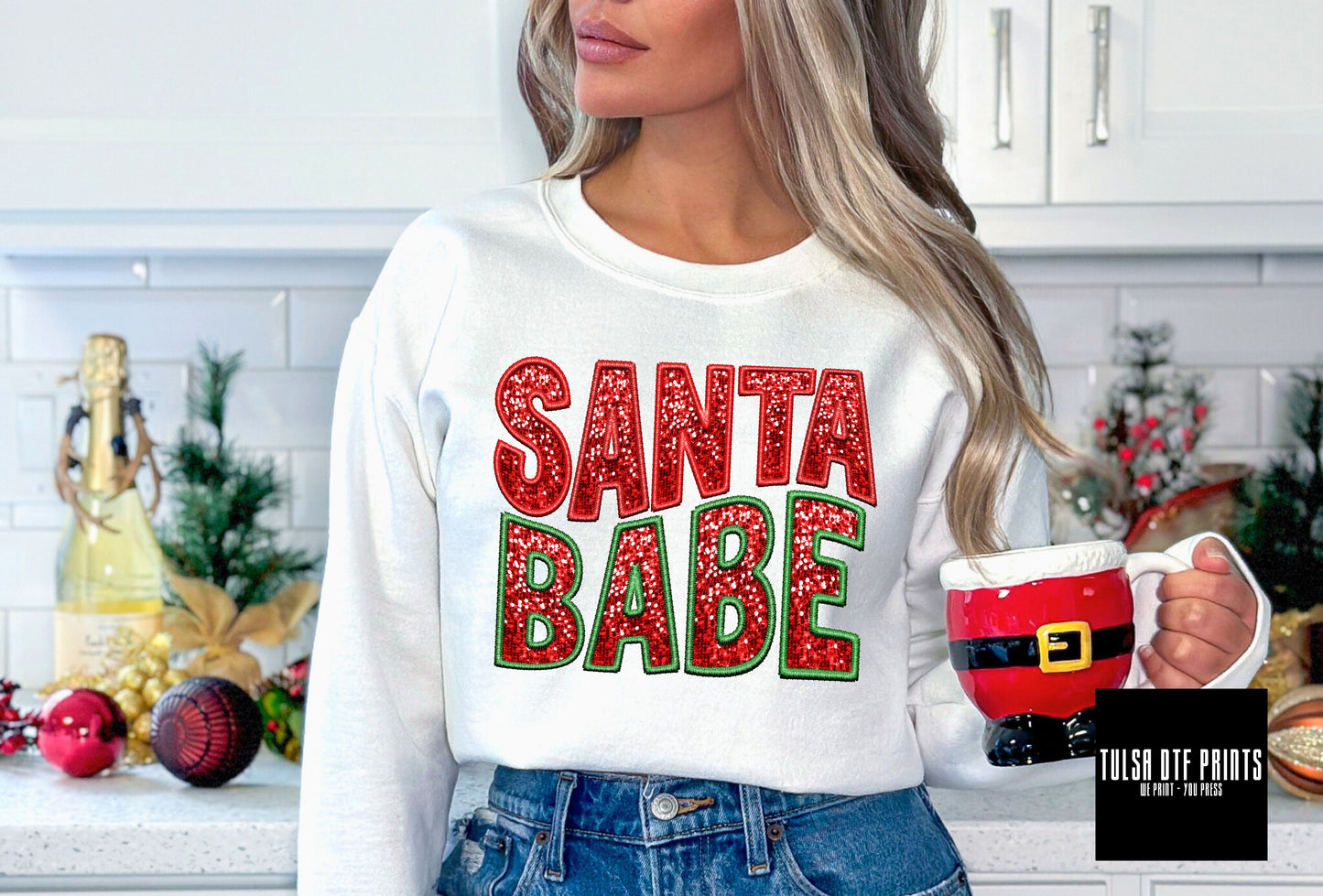 DTF SANTA BABE FAUX EMBROIDERY SEQUIN TRANSFER