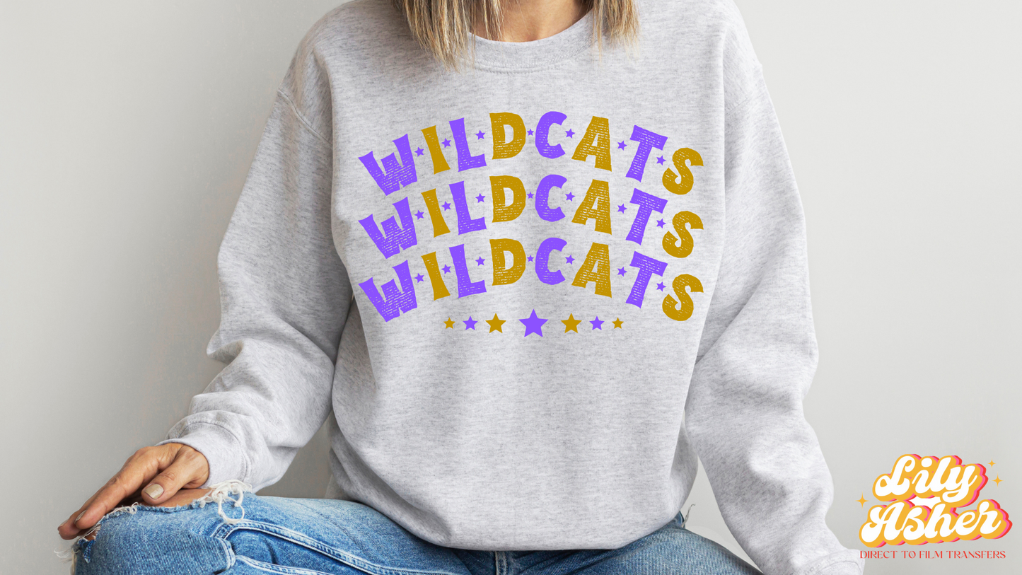 DTF WILDCATS PURPLE-GOLD STACKED TEXT W/ STARS TRANSFER