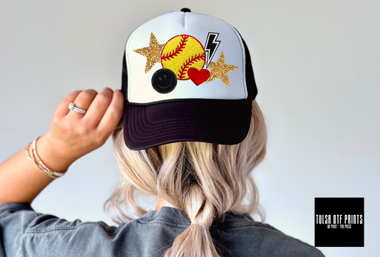 DTF SOFTBALL W/ LB & STARS FAUX HAT PATCH TRANSFER
