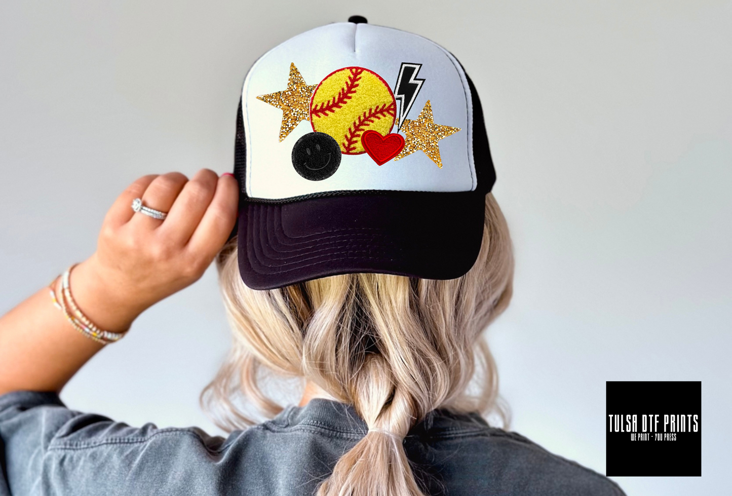 DTF SOFTBALL W/ LB & STARS FAUX HAT PATCH TRANSFER