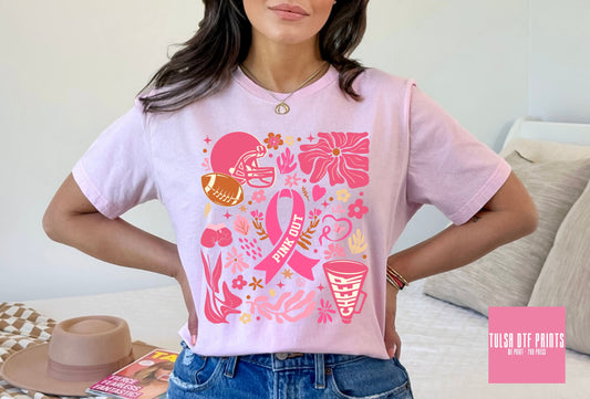 DTF PINK OUT FOOTBALL RETRO FLORAL PRINTS TRANSFER