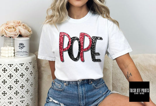DTF POPE RED/BLACK FAUX SEQUIN SHADOW TEXT TRANSFER