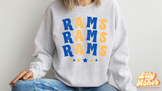 DTF RAMS BLUE-YELLOW STACKED TEXT W/ STARS TRANSFER