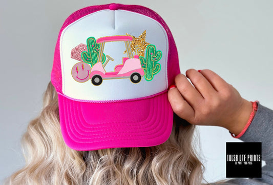 DTF PINK GOLF CART FAUX HAT PATCH TRANSFER